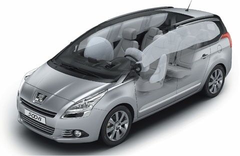 Peugeot 5008 – simulace aktivovaných airbagů, zdroj: peugeot.cz